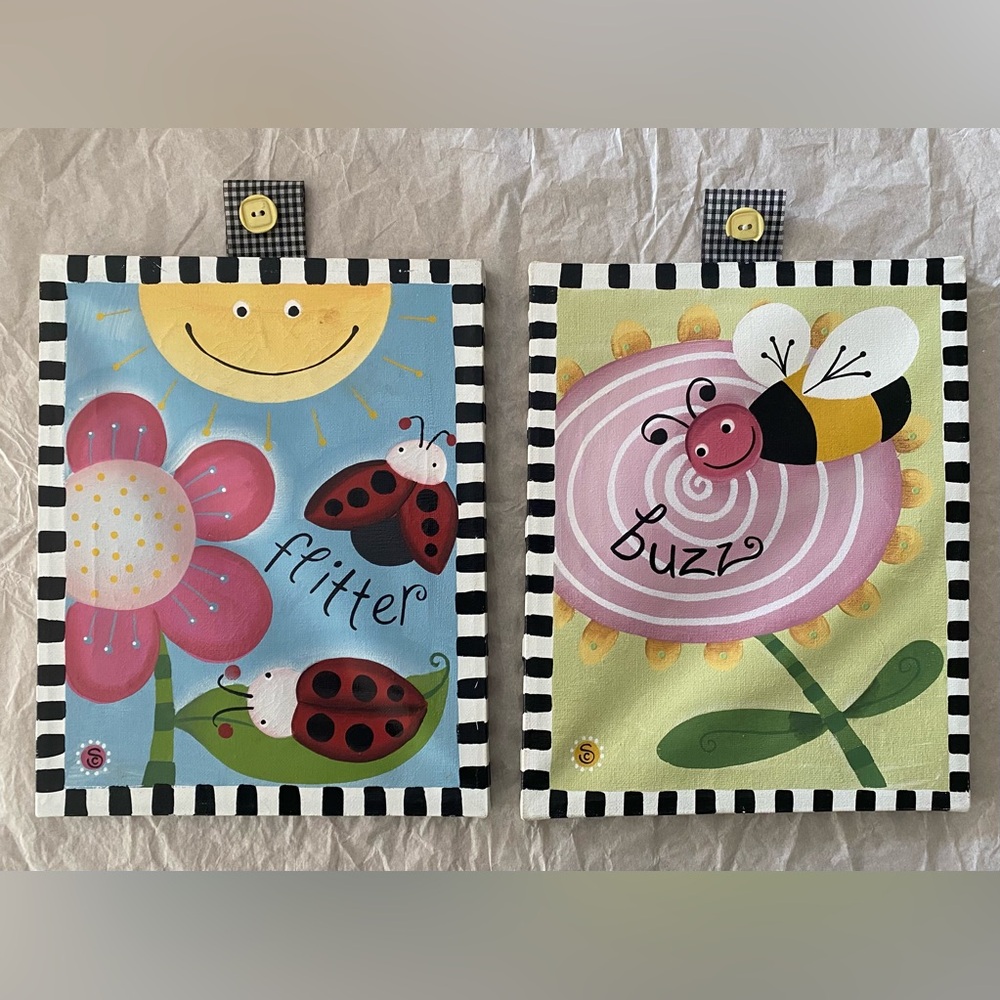 Two 8” x 10” Colorful Canvas Wall Art Featuring Flowers, Ladybugs and a Bee